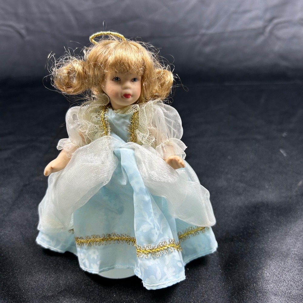 Vintage Porcelain Angel Doll Blue Floral Dress Gold Trim Blonde Pigtails 7 Inch